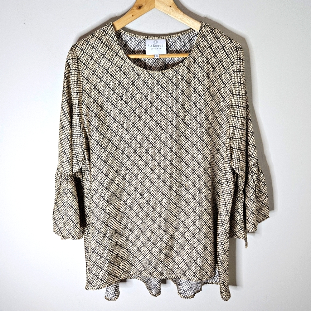 LaRoque Bell Sleeve Silk Top Tunic Blouse One Size OS Tan Black Lattice XL